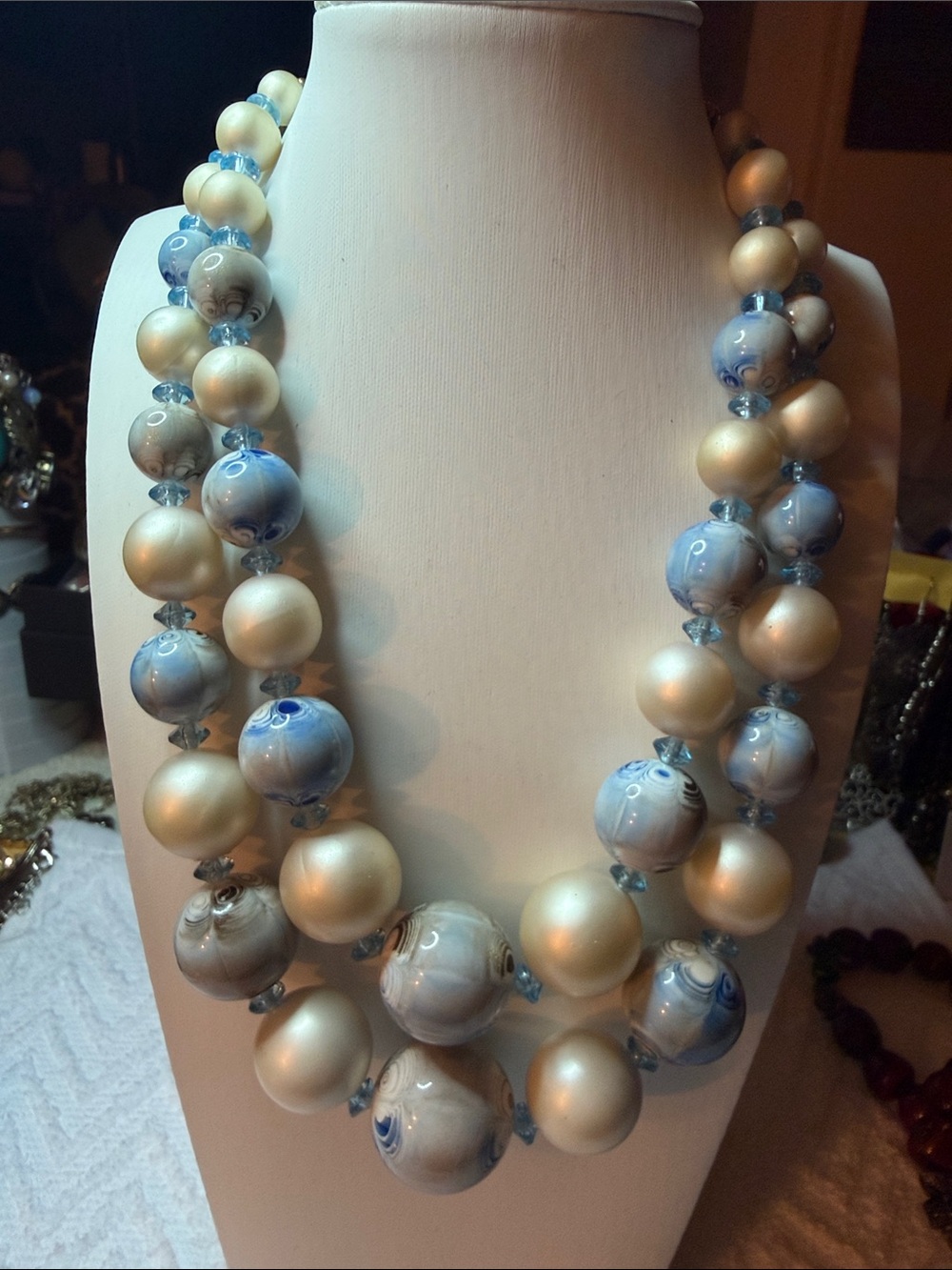 Elegant Blue and Cream Double Strand Beaded Necklace